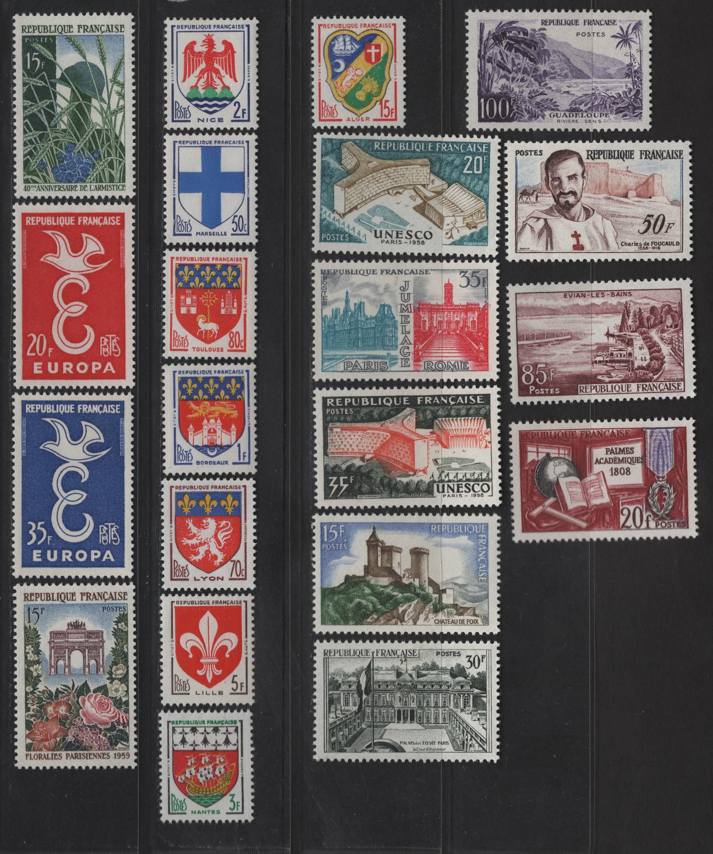 Lot 273 France SC#889-909 20fr - 100fr Rose Red - Deep Violet Europa - Sens. River, Guadeloupe, 1958-1959 Europa - Scenic Views Issues, 21 VFOG Singles, DF, LF, Fluorescent & HB Papers