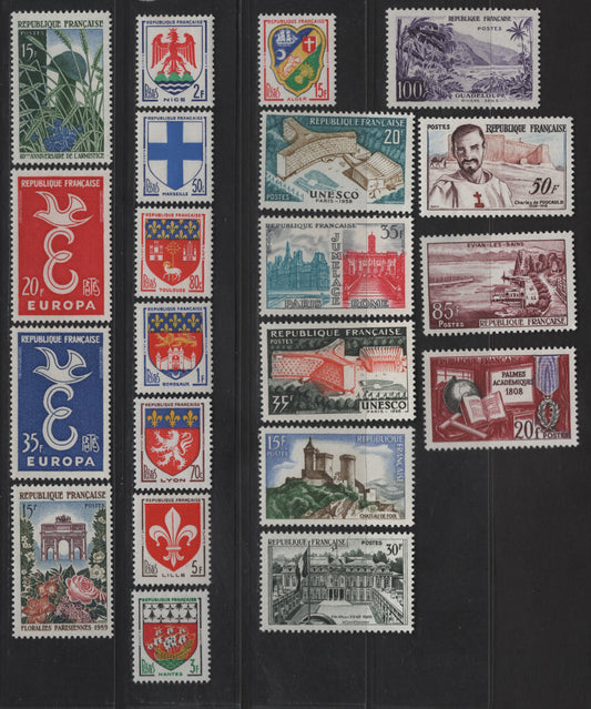 Lot 273 France SC#889-909 20fr - 100fr Rose Red - Deep Violet Europa - Sens. River, Guadeloupe, 1958-1959 Europa - Scenic Views Issues, 21 VFOG Singles, DF, LF, Fluorescent & HB Papers