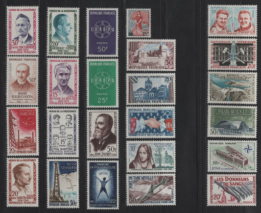 Lot 274 France SC#914-937 20fr - 50fr Red, Black & Blue - Green, Brown & Ultramarine Miners Tools & School - New NATO headquarters, 1959 National Mining School - NATO Issues, 24 VFOG Singles, LF, Fluorescent, MF & HB Papers