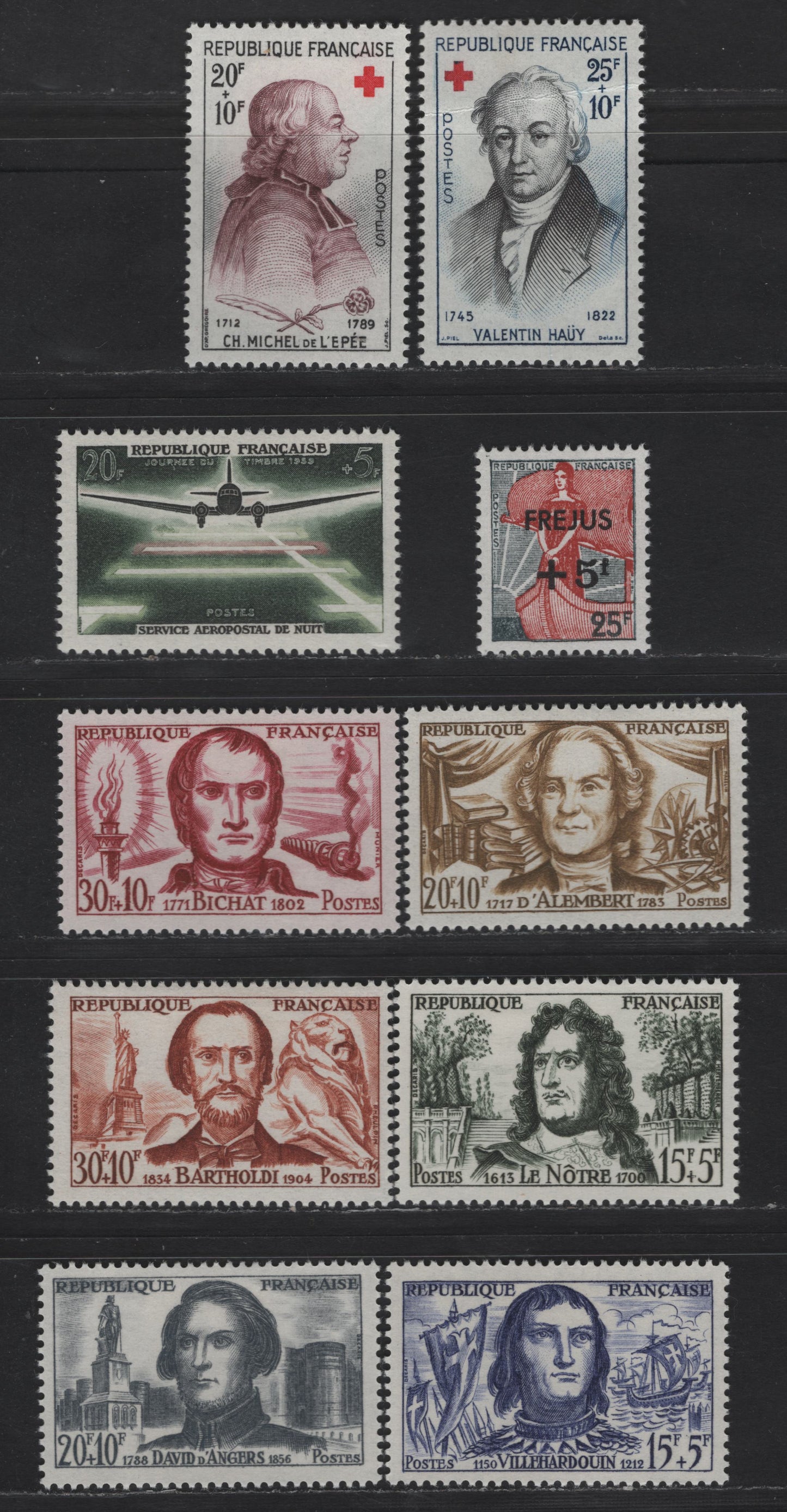 Lot 275 France SC#B329-B338 20fr+5fr - 25fr+10fr Slate Green, Black & Rose - Dark Blue & Black Plane Landing - Charles Michel de l'Epee, 1959 Stamp Day - Red Cross Issues, 10 VFOG Singles, DF, Fluorescent, MF & HB Papers