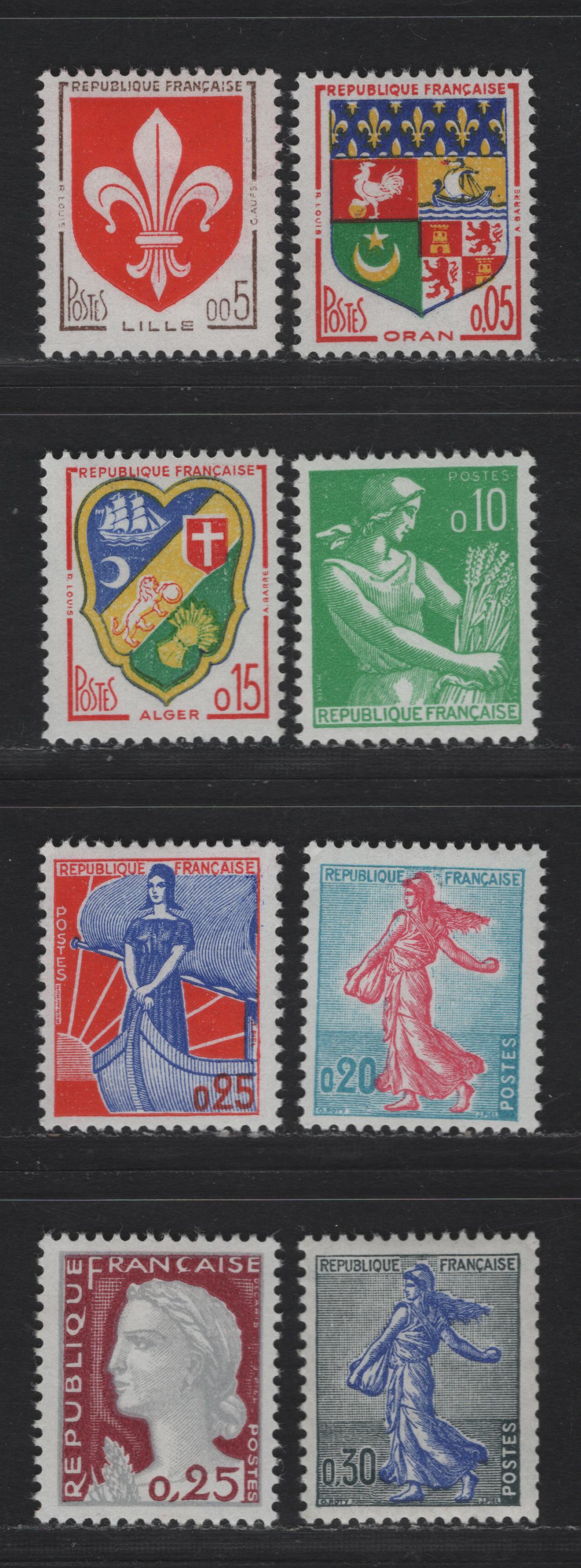 Lot 276 France SC#938-942A, 968, 973 5c - 30c Brown & Red - Gray & Ultramarine Farm Worker - Arms, 1960 Farm Workers - Arm Issues, 8 VFOG Singles, DF, Fluorescent & MF Papers