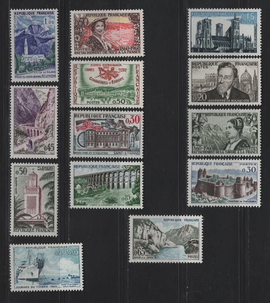 Lot 277 France SC#943-951, 956-958 15c - 50c Blue & Indigo - Brown, Yellow & Rose Laon Cathedral - Woman of Nice & Shore, 1960 Scenic Views - Annexation of Nice Issues, 13 VFOG Singles, LF, MF & DF Papers
