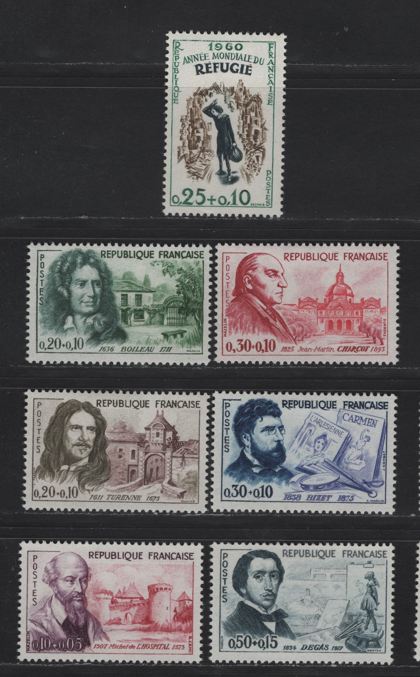 Lot 278 France SC#B340-B346 25c+10c - 50c+15c Green, Brown & Indigo - Slate Blue & Gray Refugee Girl amid Ruins - Michel de L'Hospital, 1960 Refugee Year & Red Cross Semi Postals, 7 VFOG Singles, DF, LF & HF Papers