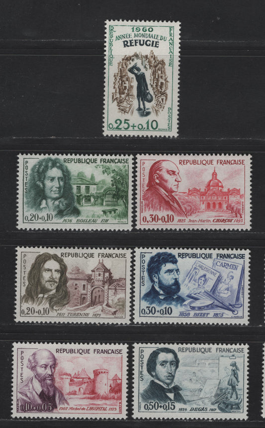 Lot 278 France SC#B340-B346 25c+10c - 50c+15c Green, Brown & Indigo - Slate Blue & Gray Refugee Girl amid Ruins - Michel de L'Hospital, 1960 Refugee Year & Red Cross Semi Postals, 7 VFOG Singles, DF, LF & HF Papers
