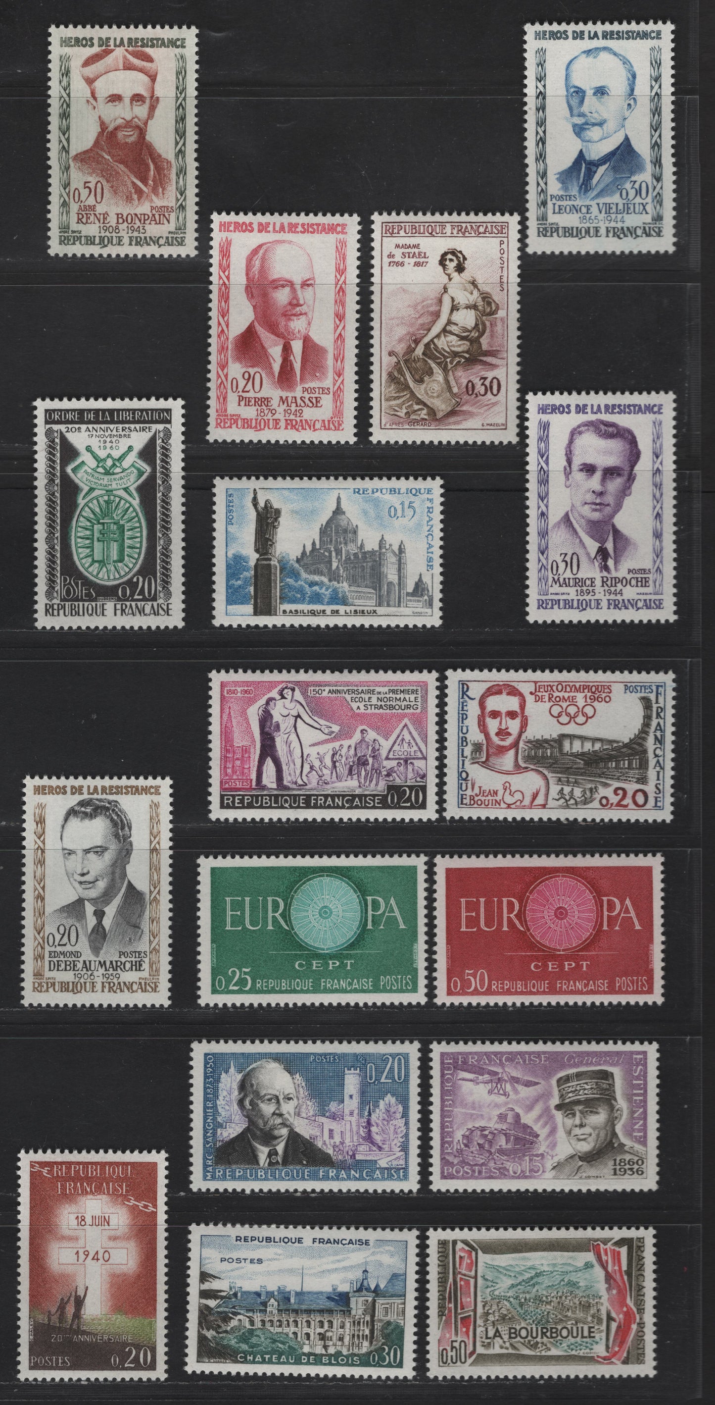 Lot 279 France SC#959-967, 969-977 20c - 20c Bister & Black - Black & Bright Green Edmund Debeaumarche - Badge of Order & Liberation, 1960 Heroes - Order of Liberation Issues, 17 VFOG Singles, DF, LF, Fluorescent, MF & HF Papers