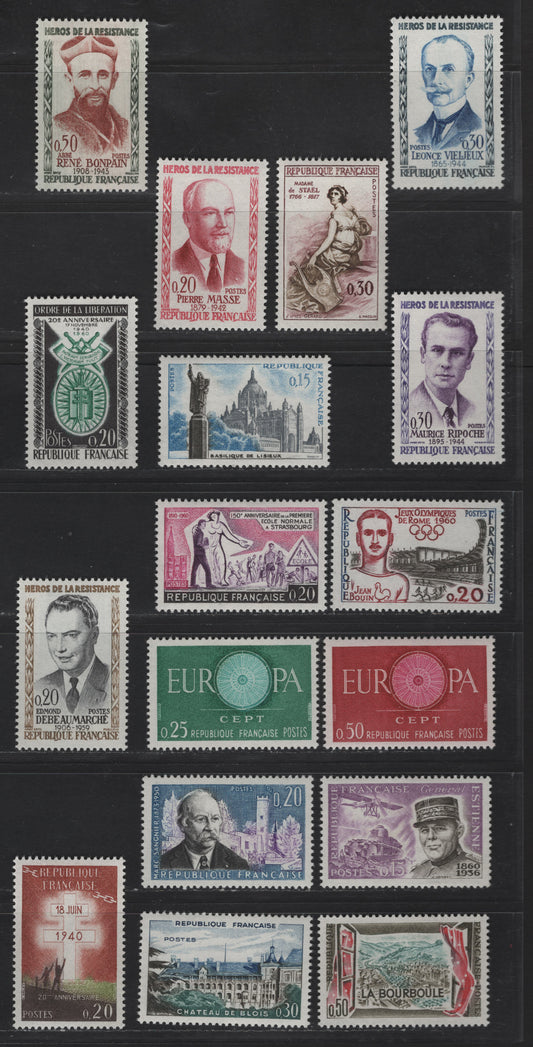 Lot 279 France SC#959-967, 969-977 20c - 20c Bister & Black - Black & Bright Green Edmund Debeaumarche - Badge of Order & Liberation, 1960 Heroes - Order of Liberation Issues, 17 VFOG Singles, DF, LF, Fluorescent, MF & HF Papers