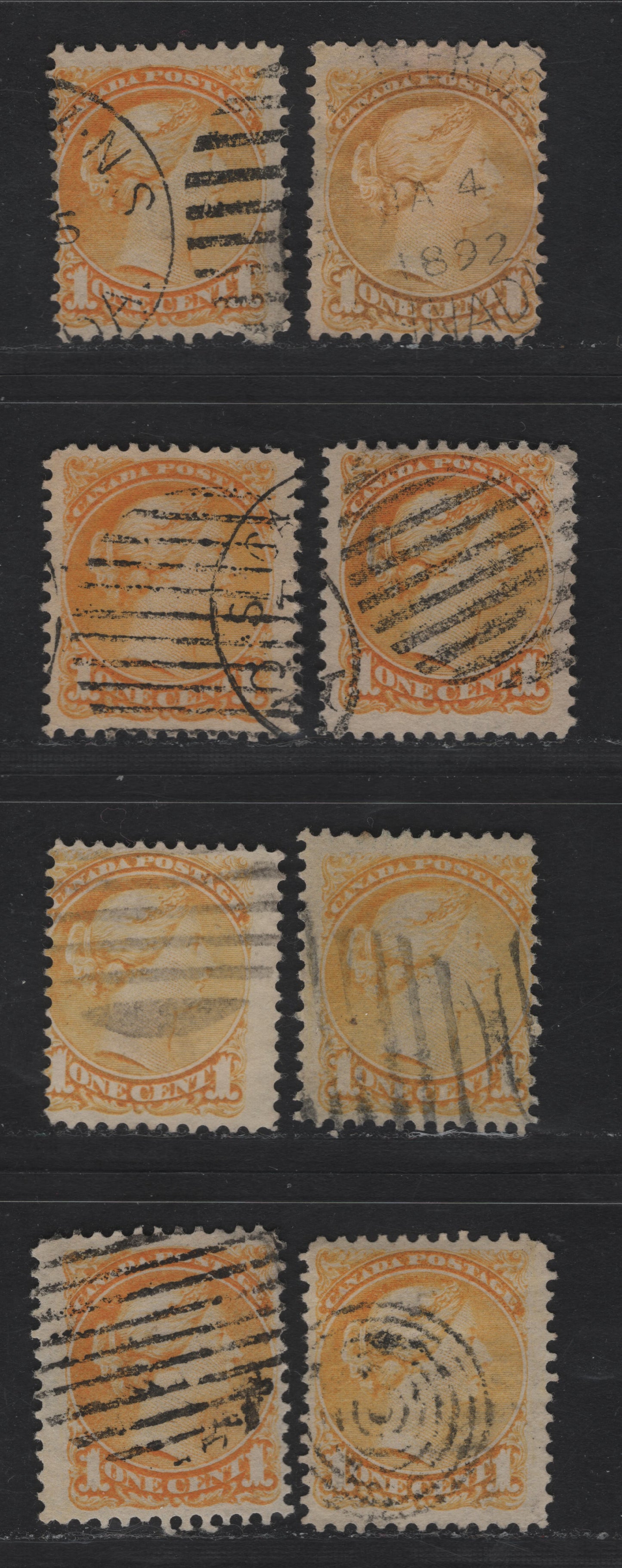 Lot 28 Canada #35i 1c Yellow Queen Victoria, 1870-1893 Small Queen Issue, 8 Very Good/Fine Used Singles, Early Second Ottawa Printings, 2O-J, 2O-K, 2O-L, 2O-M & 2O-N Papers, Without Plate Dots, Different Shades