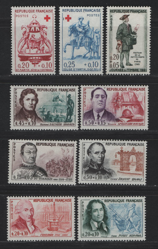 Lot 281 France SC#B347-B355 20c+10c - 50c+15c Rose Claret & Red - Dark Carmine Rose & Violet Staff of the Brotherhood - Guillaume Apollinaire, 1960-1961 Red Cross & Famous Men Semi Postals, 9 VFOG Singles, LF & Fluorescent Papers