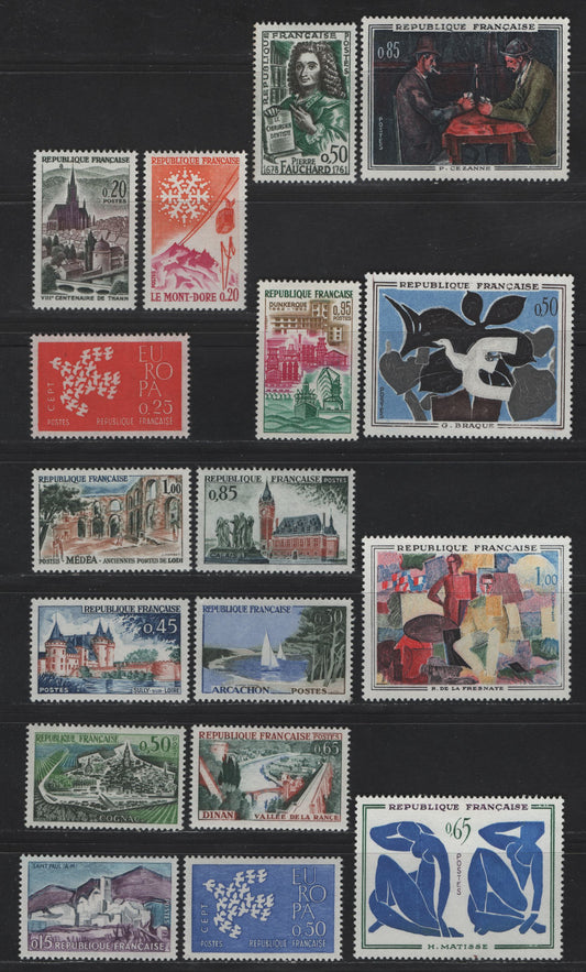 Lot 282 France SC#1002-1017 20c - 1fr Orange & Rose Lilac - Multicolored Mont-Dore - Blue Nudes, 1961 Mont-Dore - Painting Issues, 17 VFOG Singles, DF, LF, Fluorescent & HF Papers