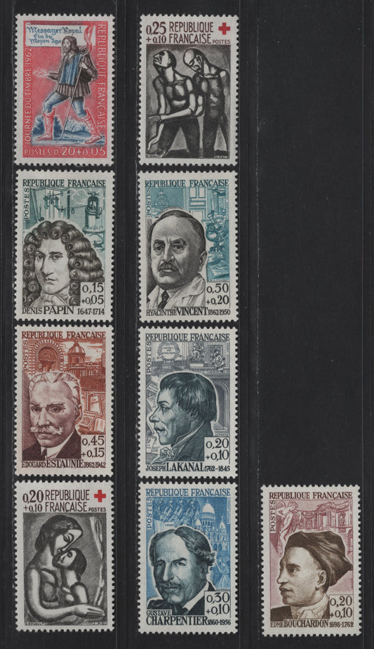 Lot 284 France SC#B356-B364 20c+10c - 50c+20c Brown, Black & Red - Greenish Blue & Black 'Love' - Denis Papin, Scientist, 1961-1962 Red Cross - Portraits Semi Postals, 9 VFOG Singles, LF & HB Papers