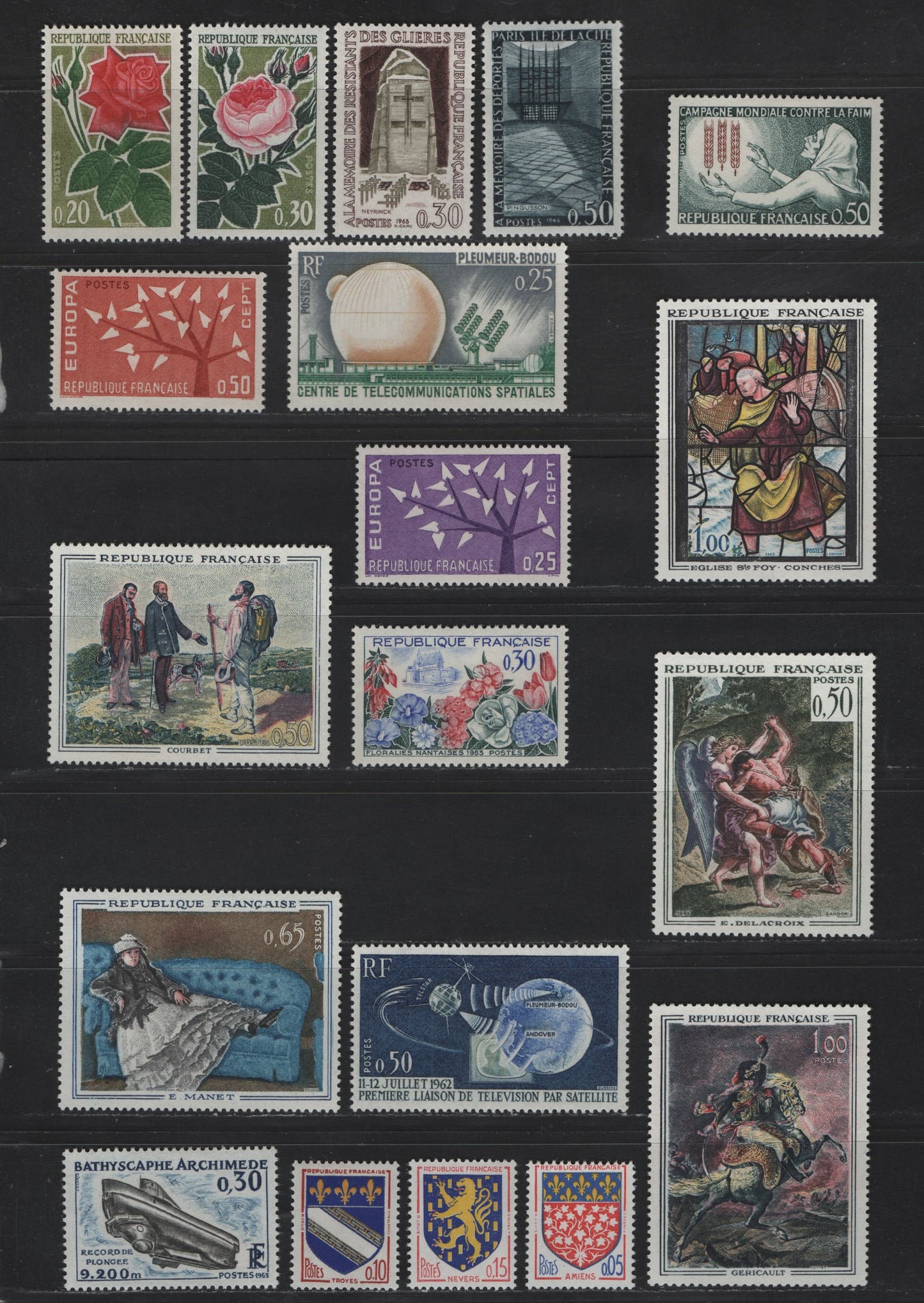Lot 285 France SC#1040-1058 5c - 50c Vermillion, Ultramarine & Yellow - Indigo Arms - Memorial Ile de la Cite, 1962-1963 Arms - Heroes Issues, 19 VFOG Singles, DF, Fluorescent , MF & HF Papers