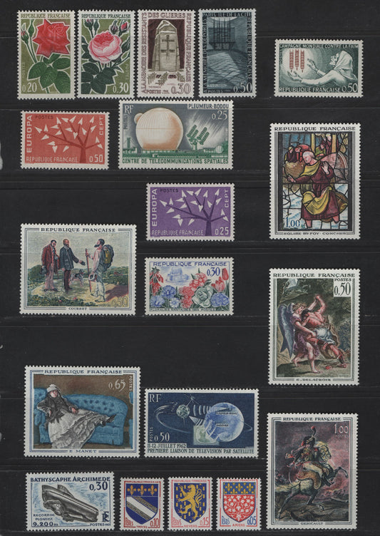 Lot 285 France SC#1040-1058 5c - 50c Vermillion, Ultramarine & Yellow - Indigo Arms - Memorial Ile de la Cite, 1962-1963 Arms - Heroes Issues, 19 VFOG Singles, DF, Fluorescent , MF & HF Papers