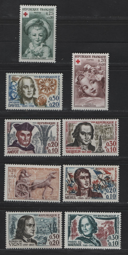Lot 286 France SC#B365-B373 20c+10c - 50c+20c Reddish Brown - Slate, Black & Brown Child Dressed as Pierrot - Etienne Mehul, 1962-1963 Semi Postals, 9 VFOG Singles, DF, Fluorescent & MF Papers