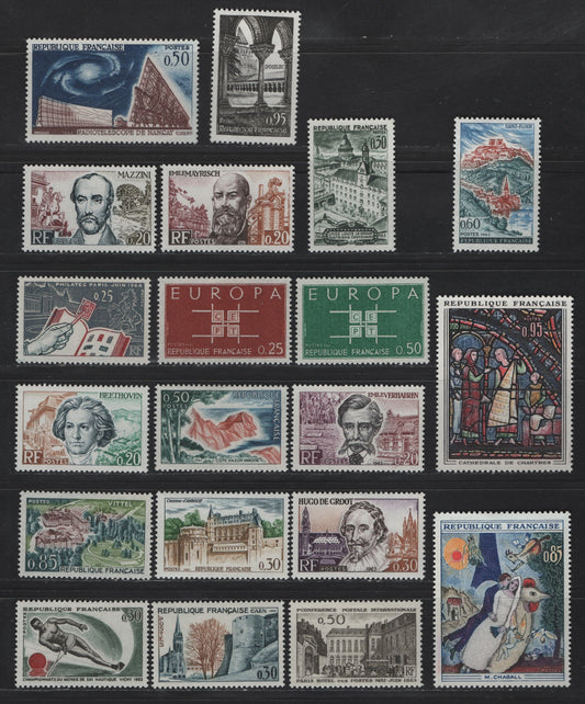 Lot 287 France SC#1059-1078 20c - 25c Ocher, Slate & Bright Green - Dark Gray, Slate Green & Dark Carmine Beethoven - Philatelic, 1963 Pictorial Issues, 20 VFOG Singles, DF, LF, Fluorescent, MF & HB Papers