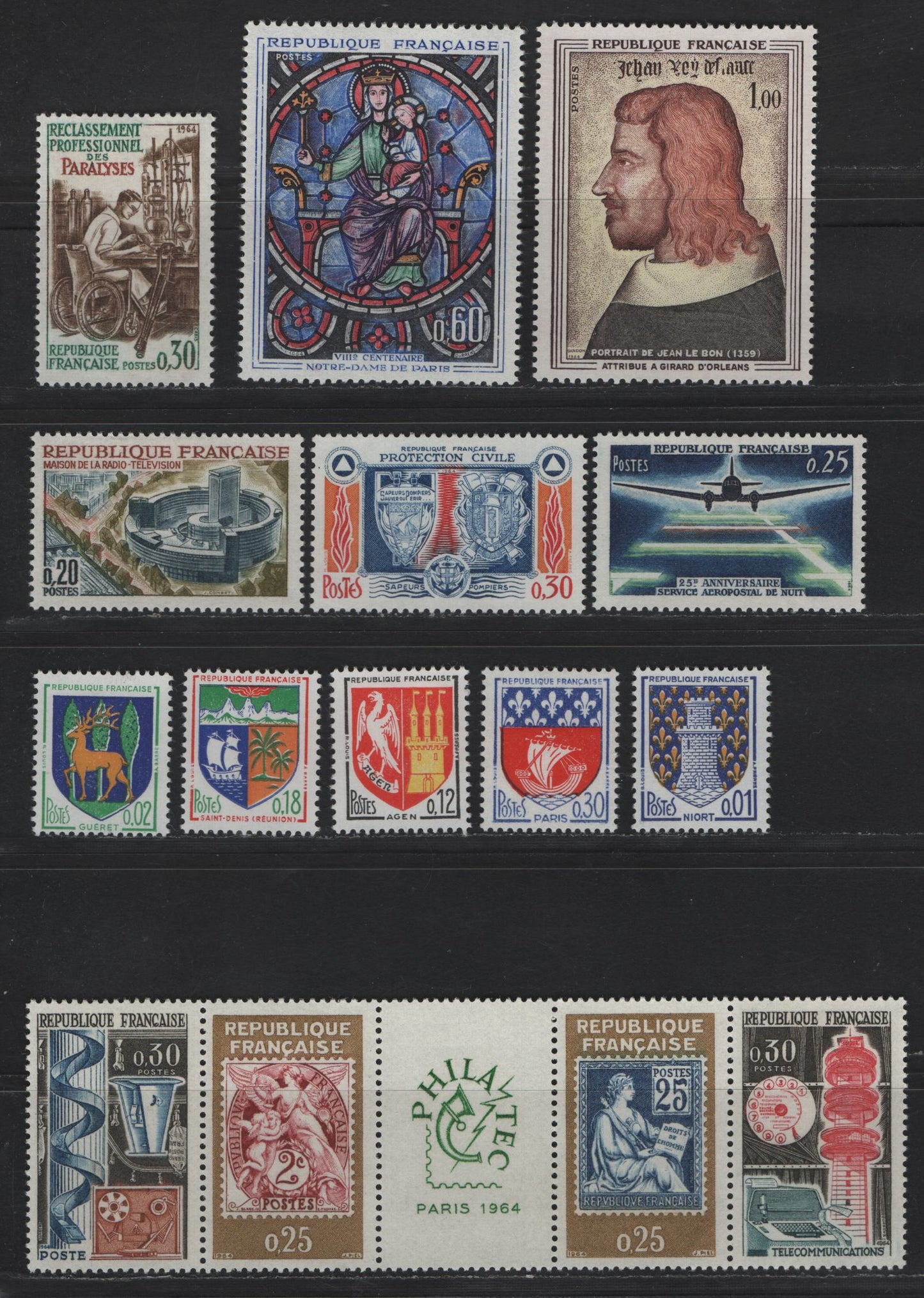 Lot 288 France SC#1079-1095, 1088a 20c - 30c Orange Brown, Slate & Olive - Violet Blue & Red Radio & Television Center - Arms, 1963-1965 Radio & Television - Arms Issues, 12 VFOG Singles & Strip of 5, DF, LF, Fluorescent, MF & HB Papers