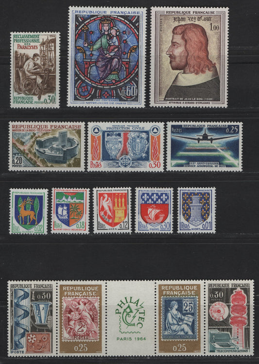 Lot 288 France SC#1079-1095, 1088a 20c - 30c Orange Brown, Slate & Olive - Violet Blue & Red Radio & Television Center - Arms, 1963-1965 Radio & Television - Arms Issues, 12 VFOG Singles & Strip of 5, DF, LF, Fluorescent, MF & HB Papers