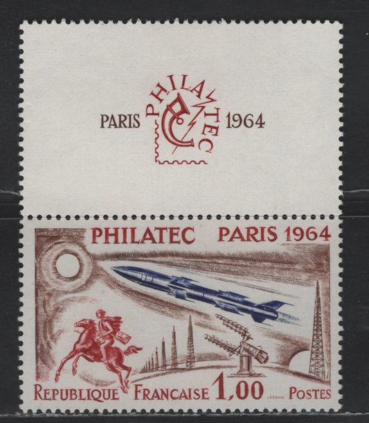 Lot 289 France SC#1100 1fr Brown, Dark Red & Dark Blue Postrider, Rocket & Radar, 1964 Philatelic Issue, A VFNH Single, MF Paper, Hinged On Label, So Stamp is NH,
