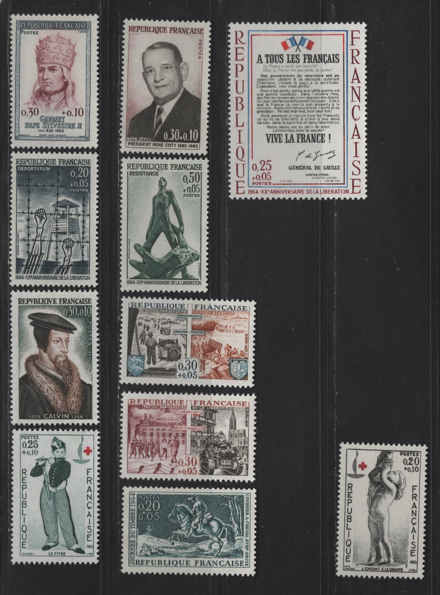 Lot 290 France SC#B374-B384 20c+10c - 30c+10c Black & Red - Slate & Claret Child with Grapes - President Rene Coty, 1963-1964 Semi Postal Issues, 11 VFOG Singles, DF, Fluorescent & MF Papers