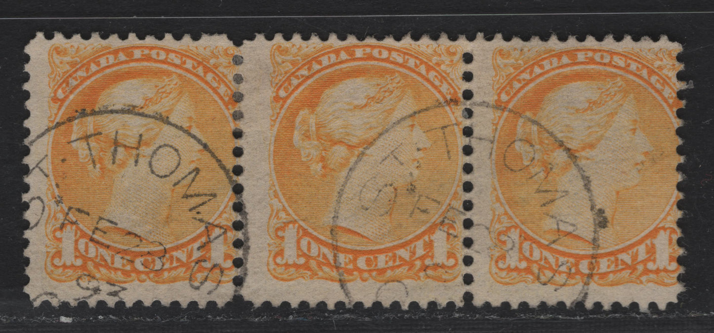 Lot 29 Canada #35i 1c Bright Yellow Queen Victoria, 1870-1893 Small Queen Issue, A Fine Used Strip of 3, Early to Mid Second Ottawa Printing, Paper 2O-S, February 23, 1893 Printing, St. Thomas, ON CDS Cancek