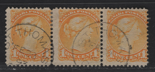Lot 29 Canada #35i 1c Bright Yellow Queen Victoria, 1870-1893 Small Queen Issue, A Fine Used Strip of 3, Early to Mid Second Ottawa Printing, Paper 2O-S, February 23, 1893 Printing, St. Thomas, ON CDS Cancek