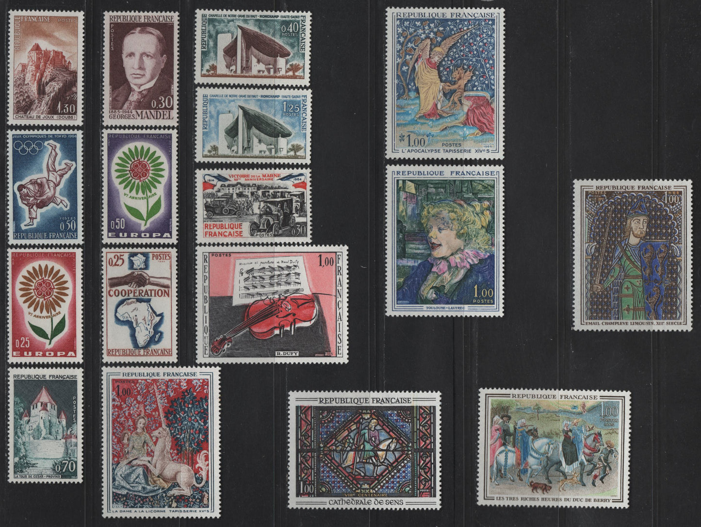 Lot 291 France SC#1101-1117 40c - 1fr Slate Green, Dark Brown & Brown - Black, Pink & Carmine Notre Dame - The Red Violin, 1964-1965 Buildings - Paintings Issues, 17 VFOG Singles, DF, LF, Fluorescent, MF & HB Papers