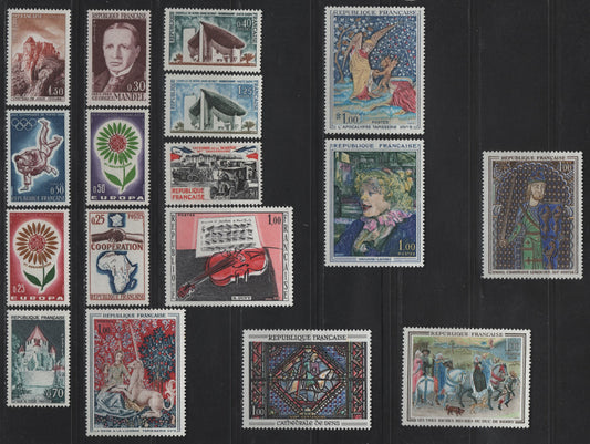 Lot 291 France SC#1101-1117 40c - 1fr Slate Green, Dark Brown & Brown - Black, Pink & Carmine Notre Dame - The Red Violin, 1964-1965 Buildings - Paintings Issues, 17 VFOG Singles, DF, LF, Fluorescent, MF & HB Papers