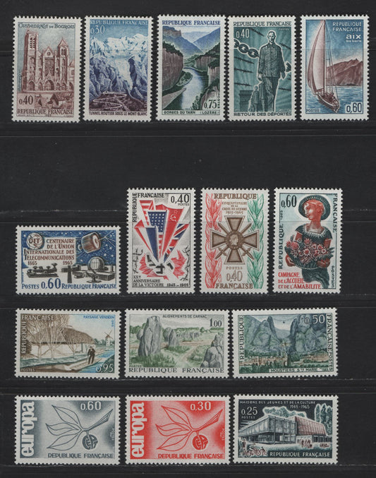 Lot 292 France SC#1118-1132 40c - 60c Prussian Green - Gray Returning Deportees - Europa, 1965 20th Anniv of Return of WW2 Prisoners - Europa Issues, 15 VFOG Singles, LF, Fluorescent, MF & HB Papers