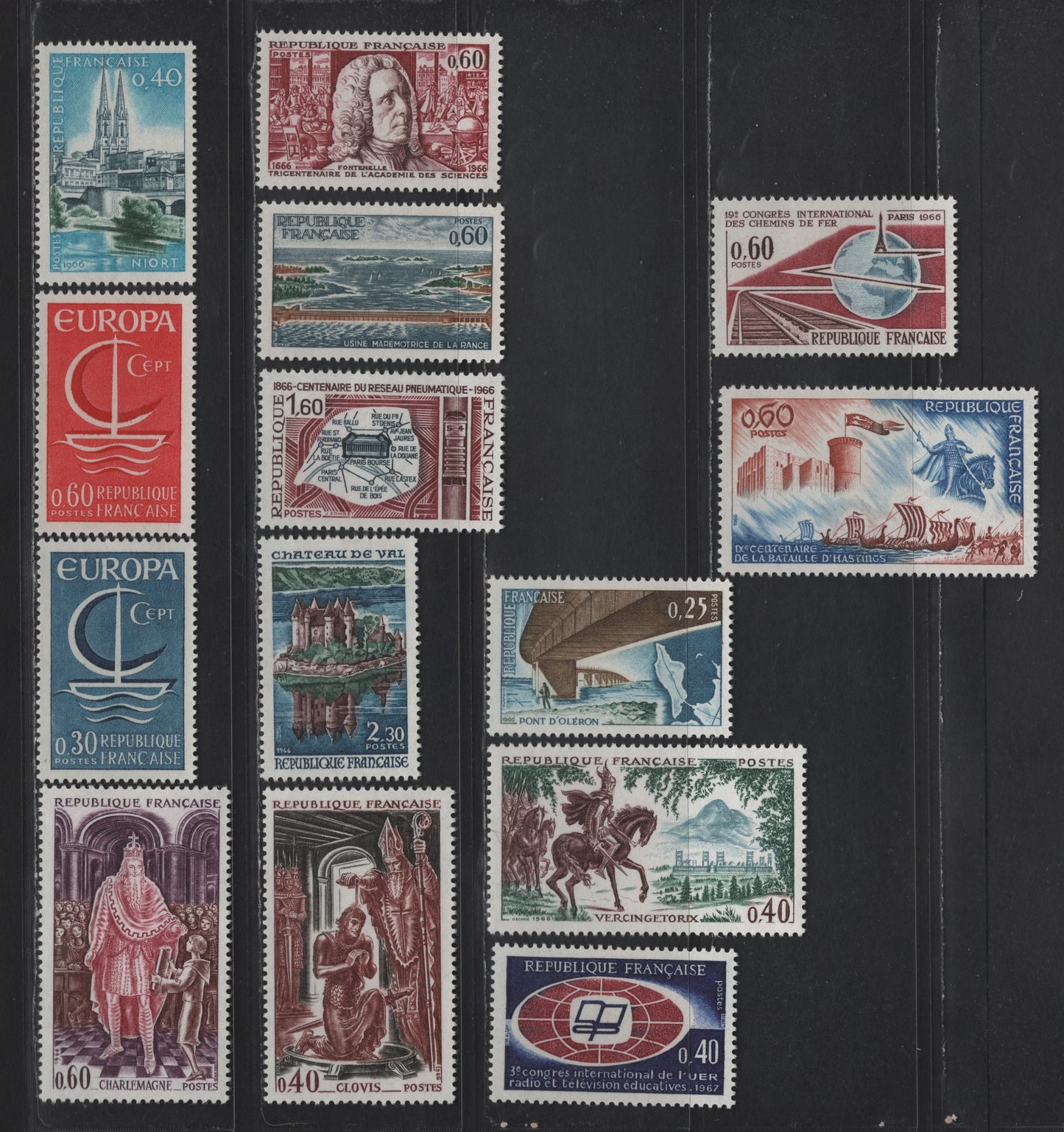 Lot 295 France SC#1158-1171 40c Bright Blue, Indigo and Green - Dark Blue & Rose Brown St. Andrews & Sevre River - European Broadcasting Union Emblem, 1966 Sevre River & EBU Issues, 13 VFOG Singles, DF, MF & HF Papers