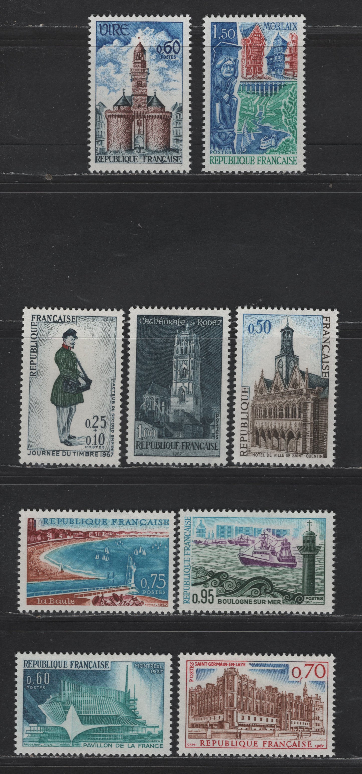 Lot 296 France SC#1185-1191, B408 50c - 25c+10c Blue, Slate Blue & Brown - Indigo, Green & Red City Hall - Letter Carrier, 1967 Views & Semi Postal Issues, 9 VFOG Singles, HF & HB Papers