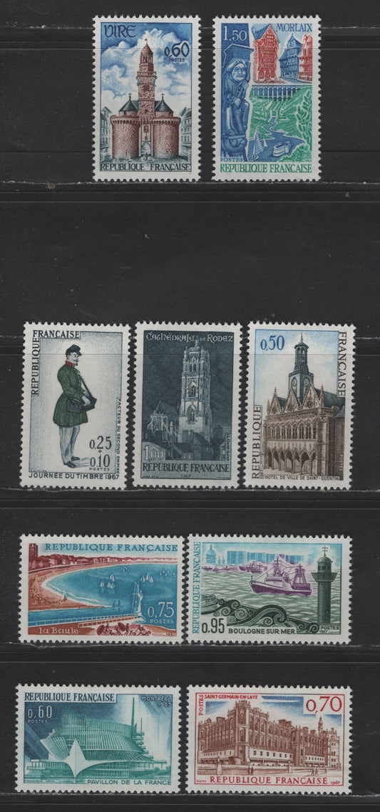 Lot 296 France SC#1185-1191, B408 50c - 25c+10c Blue, Slate Blue & Brown - Indigo, Green & Red City Hall - Letter Carrier, 1967 Views & Semi Postal Issues, 9 VFOG Singles, HF & HB Papers