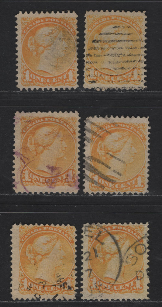 Lot 297 Canada #35 1c Yellow, Pale Yellow & Bright Yellow Queen Victoria, 1870-1893 Small Queen Issue, 6 Fine Used Singles, Mid Second Ottawa Printings, 2O-K Paper Type, Different Shades, Unchecked for Perfs