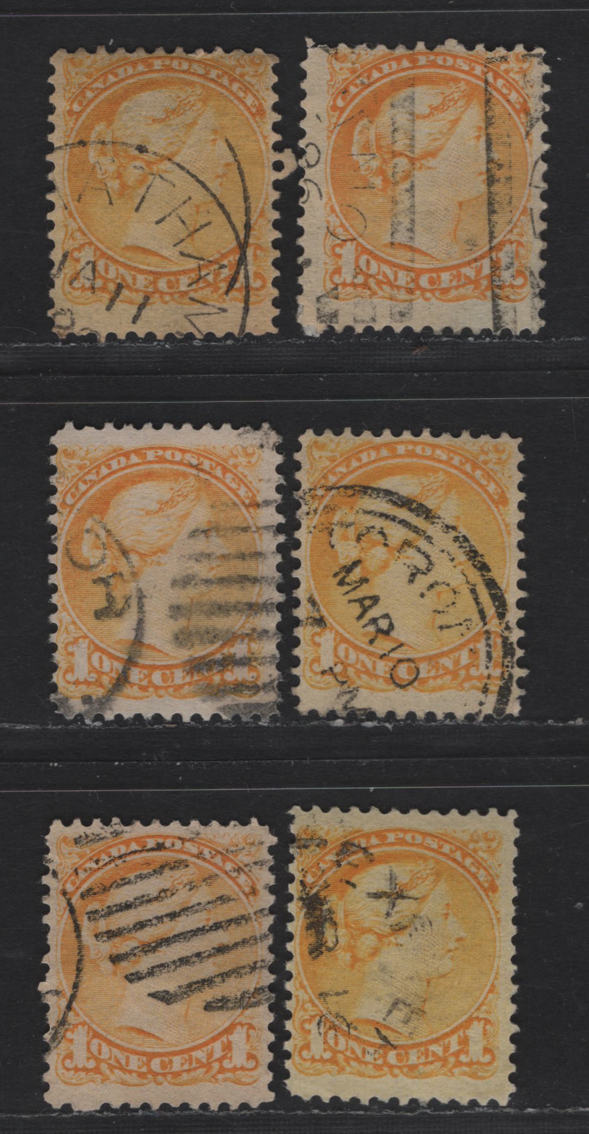 Lot 299 Canada #35 1c Yellow, Bright Yellow, Dull Yellow Queen Victoria, 1870-1893 Small Queen Issue, 6 Fine Used Singles, Mid Second Ottawa Printings, 2O-L Paper, Unchecked as to Perfs, But Not Shades