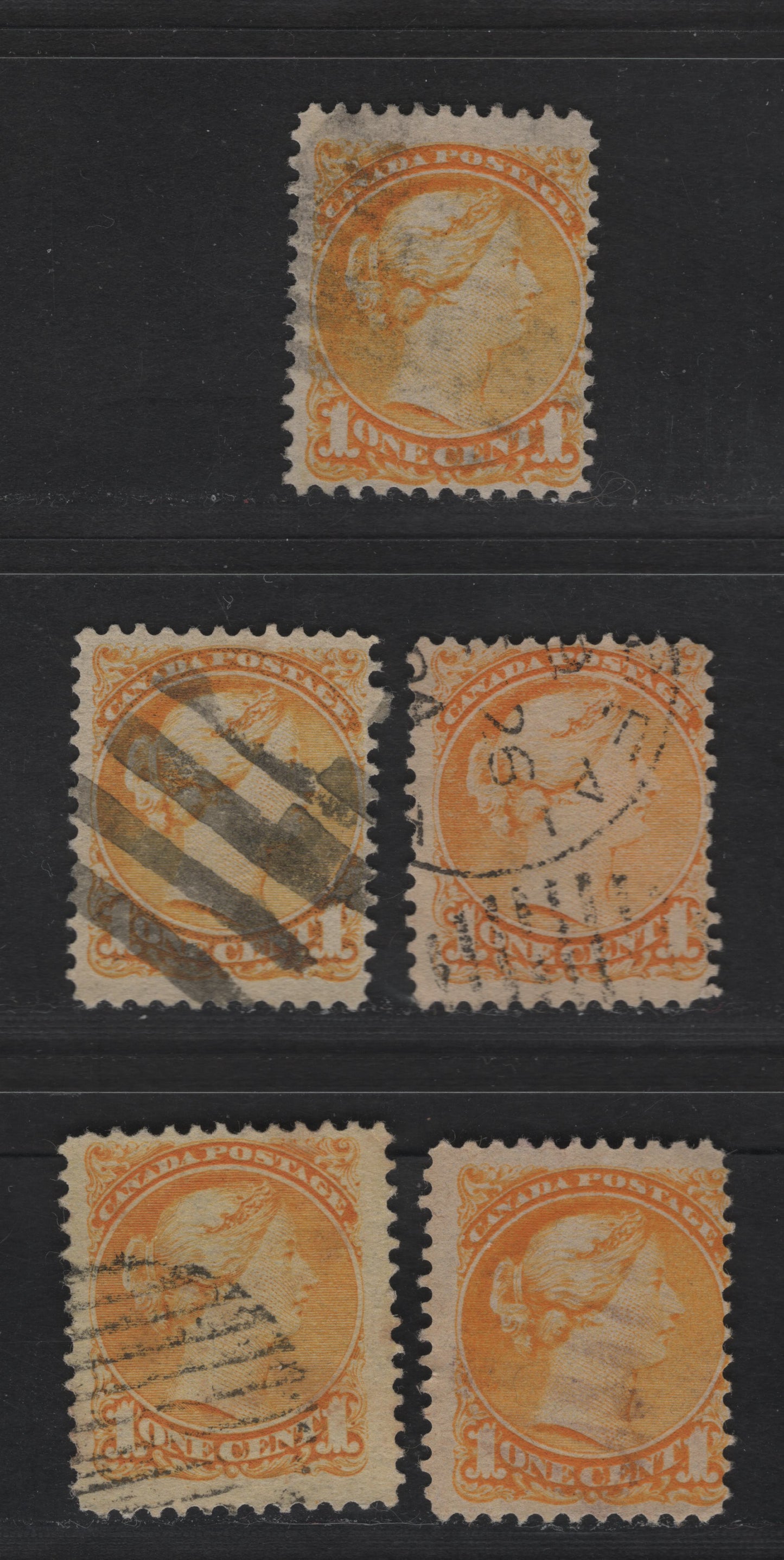 Lot 30 Canada #35i 1c Yellow & Bright Yellow Queen Victoria, 1870-1893 Small Queen Issue, 5 Fine Used Singles, Mid Second Ottawa Printing, 2O-J Paper, Perfs 12.1z12, 12x12.1, 11.9x12.1,