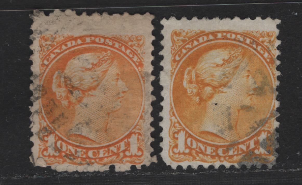Lot 3 Canada #35d 1c Yellow Orange & Orange Queen Victoria, 1870-1893 Small Queen Issue, 2 Very Good Used Singles, Mid Montreal Printings, Paper Type MM-H & EM-C, Perfs 11.75x12 & 11.6x12