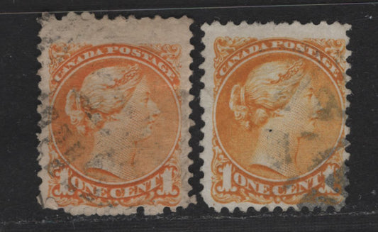 Lot 3 Canada #35d 1c Yellow Orange & Orange Queen Victoria, 1870-1893 Small Queen Issue, 2 Very Good Used Singles, Mid Montreal Printings, Paper Type MM-H & EM-C, Perfs 11.75x12 & 11.6x12