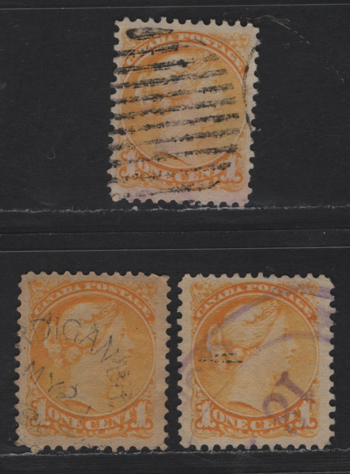 Lot 301 Canada #35 1c Pale Bright Yellow, Yellow & Pale Yellow Queen Victoria, 1870-1893 Small Queen Issue, 3 Very Fine Used Singles, Mid Second Ottawa Printings, Perfs 12 & 12x12.1, 2O-L Paper