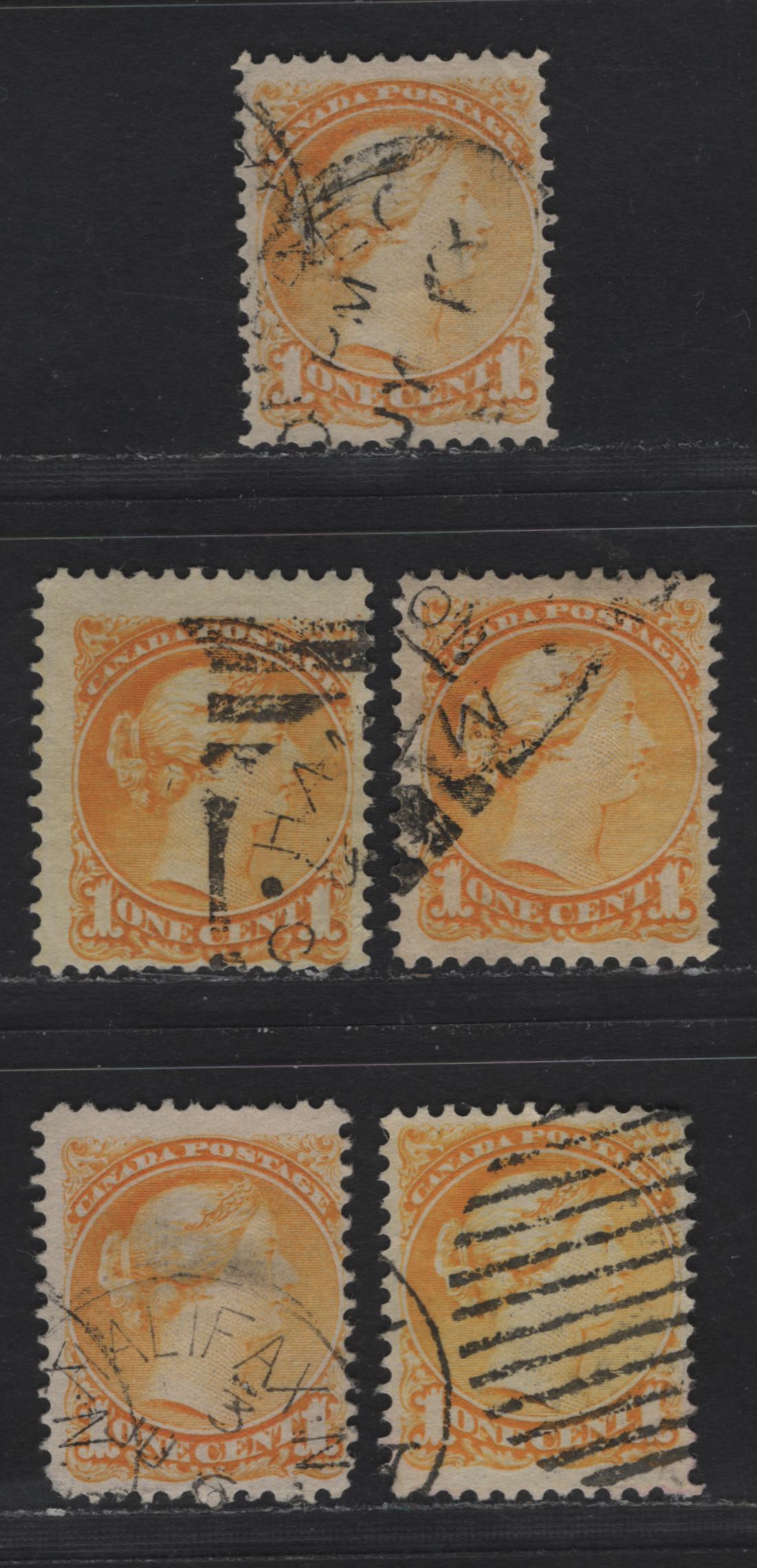 Lot 302 Canada #35 1c Deep Yellow, Bright Yellow, Dull Yellow & Yellow Queen Victoria, 1870-1893 Small Queen Issue, 5 Fine/Very Fine Used Singles, Mid Second Ottawa Printings, Paper 2O-M