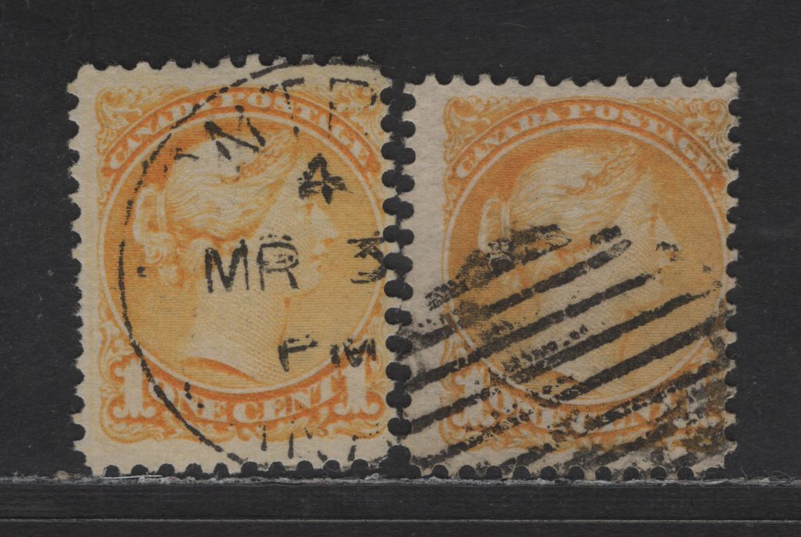 Lot 303 Canada #35 1c Deep Yellow & Bright Yellow Queen Victoria, 1870-1893 Small Queen Issue, 2 Fine Used Singles, Mid Second Ottawa Printings, Paper 2O-N