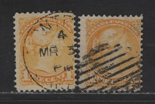 Lot 303 Canada #35 1c Deep Yellow & Bright Yellow Queen Victoria, 1870-1893 Small Queen Issue, 2 Fine Used Singles, Mid Second Ottawa Printings, Paper 2O-N