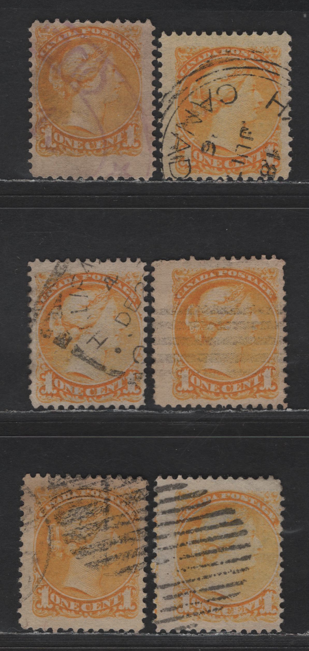 Lot 304 Canada #35 1c Yellow, Bright Yellow and Pale Yellow Queen Victoria, 1870-1893 Small Queen Issue, 6 Fine Used Singles, Mid Second Ottawa Printings, Paper 2O-P, Different Shades