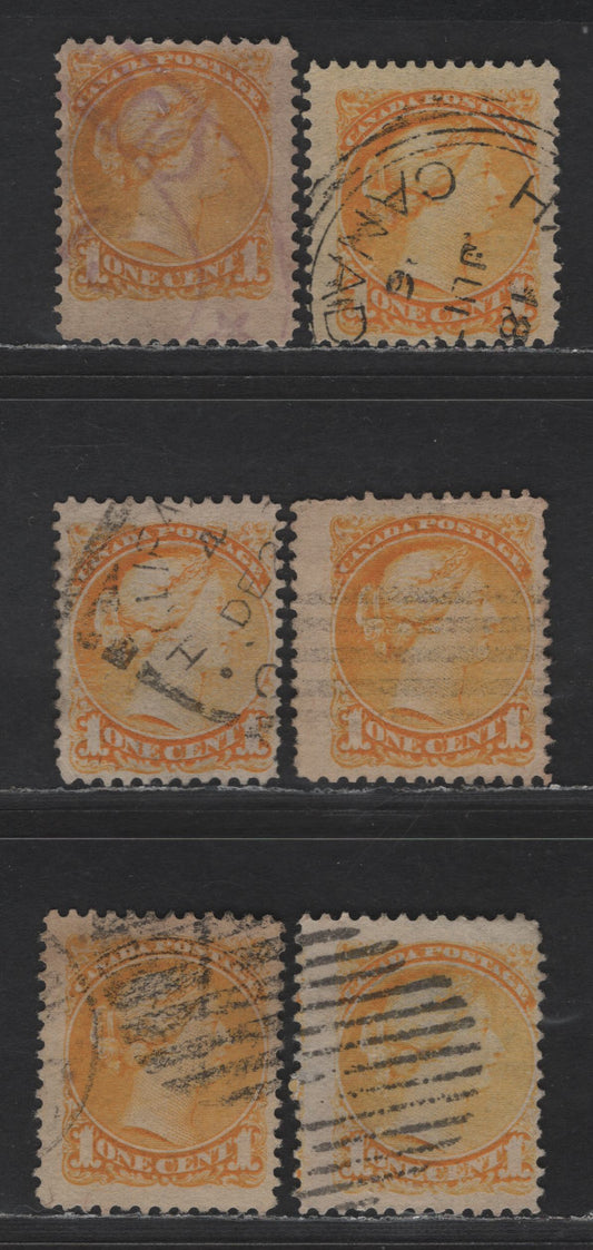 Lot 304 Canada #35 1c Yellow, Bright Yellow and Pale Yellow Queen Victoria, 1870-1893 Small Queen Issue, 6 Fine Used Singles, Mid Second Ottawa Printings, Paper 2O-P, Different Shades