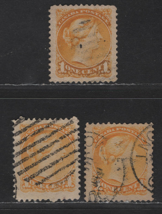 Lot 305 Canada #35 1c Yellow, Pale Yellow, Deep Dull Yellow Queen Victoria, 1870-1893 Small Queen Issue, 3 Very Fine Used Singles, Mid Second Ottawa Printings, Paper 2O-P, Perfs 12 and 12x11.9