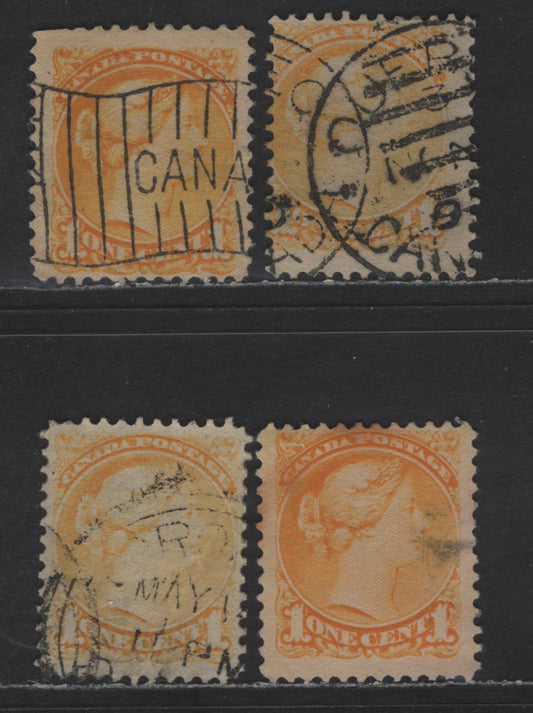 Lot 306 Canada #35 1c Yellow Queen Victoria, 1870-1893 Small Queen Issue, 4 Ungraded Used Singles, Mid Second Ottawa Printings, Paper Types 2O-K, 2O-L, 2O-P & 2O-Q