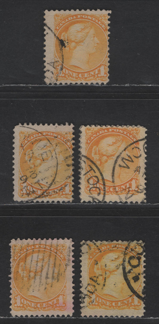 Lot 307 Canada #35 1c Yellow, Bright Yellow & Pale Yellow Queen Victoria, 1870-1893 Small Queen Issue, 5 Fine Used Singles, Mid Second Ottawa Printings, Paper Type 2O-Q