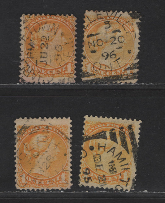 Lot 309 Canada #35 1c Yellow Queen Victoria, 1870-1893 Small Queen Issue, 4 Fine Used Singles, Mid Second Ottawa Printings, Guelph, Charlottetown, Belleville & Hamilton Squared Circle Cancels