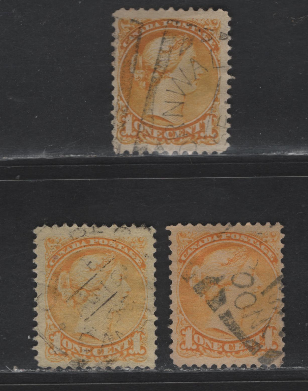 Lot 311 Canada #35 1c Bright Yellow, Deep Yellow & Yellow Queen Victoria, 1870-1893 Small Queen Issue, 3 Fine/Very Fine Used Singles, Late Second Ottawa Printings, Cornwall, ON, Woodstock ON & Quebec Type 2 Squared Circle Cancels
