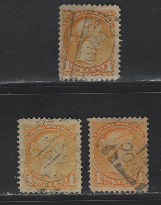 Lot 311 Canada #35 1c Bright Yellow, Deep Yellow & Yellow Queen Victoria, 1870-1893 Small Queen Issue, 3 Fine/Very Fine Used Singles, Late Second Ottawa Printings, Cornwall, ON, Woodstock ON & Quebec Type 2 Squared Circle Cancels