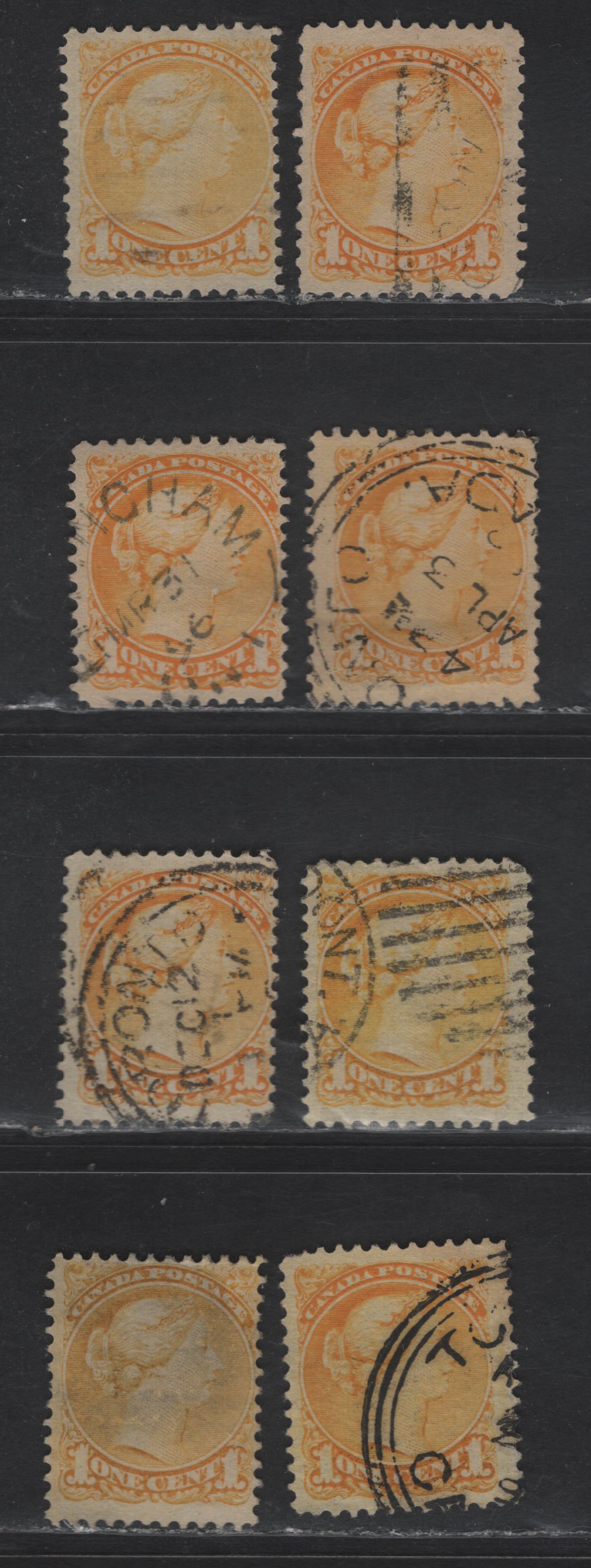 Lot 312 Canada #35 1c Yellow, Pale Yellow, Dull Yellow & Bright Yellow Queen Victoria, 1870-1893 Small Queen Issue, 8 Fine Used Singles, Late Second Ottawa Printings, Paper 2O-L