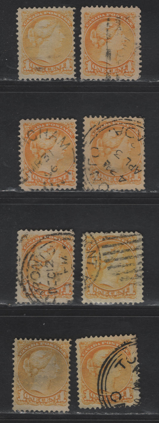Lot 312 Canada #35 1c Yellow, Pale Yellow, Dull Yellow & Bright Yellow Queen Victoria, 1870-1893 Small Queen Issue, 8 Fine Used Singles, Late Second Ottawa Printings, Paper 2O-L