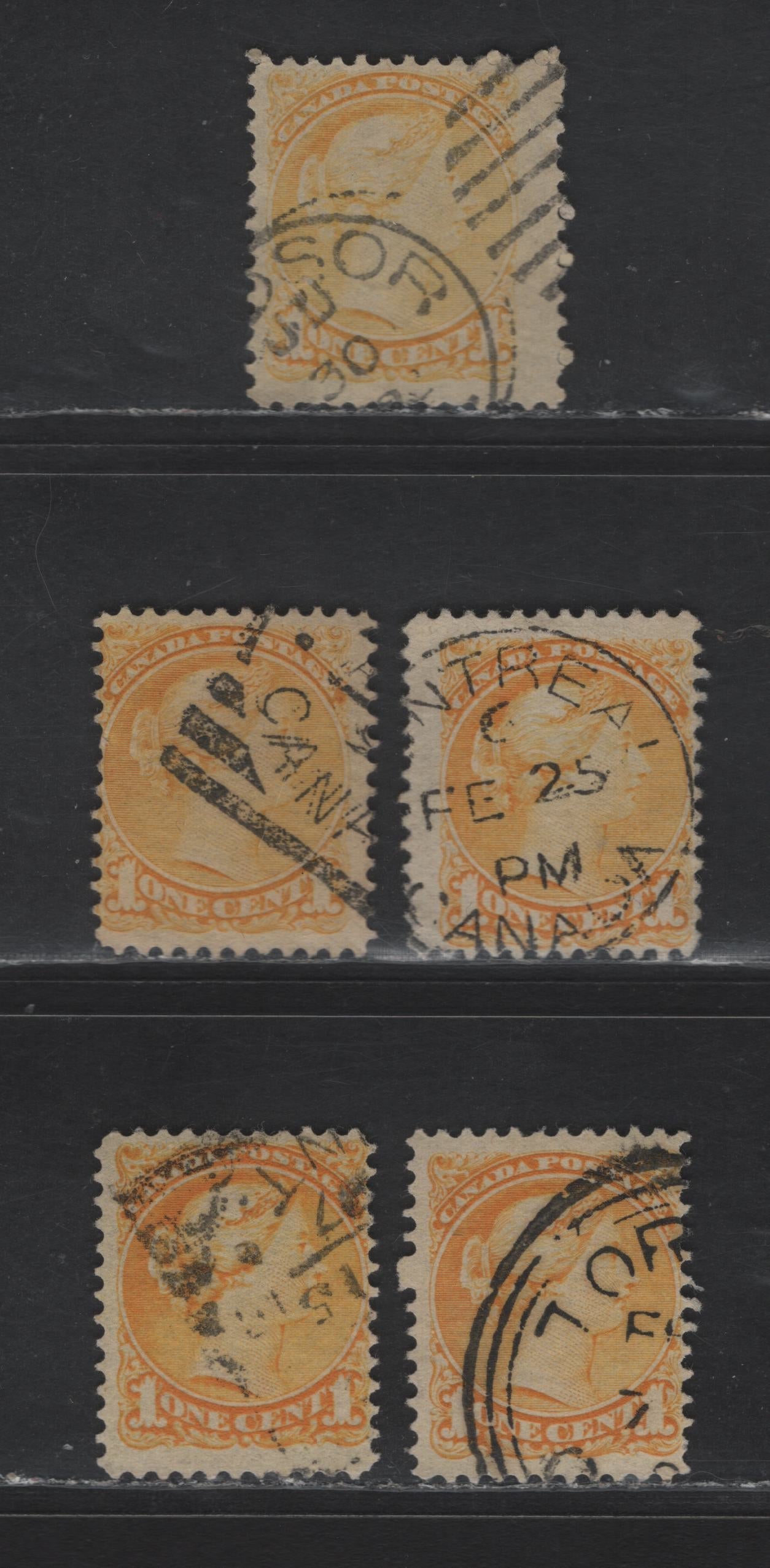 Lot 313 Canada #35 1c Pale Yellow & Bright Yellow Queen Victoria, 1870-1893 Small Queen Issue, 5 Fine Used Singles, Late Second Ottawa Printings, Paper 2O-E